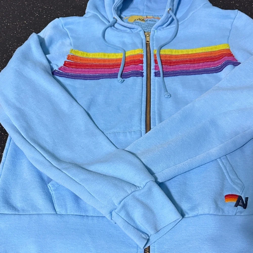 Aviator Nation Light Blue Hoodie with Rainbow Accents-small - Picture 3 of 4